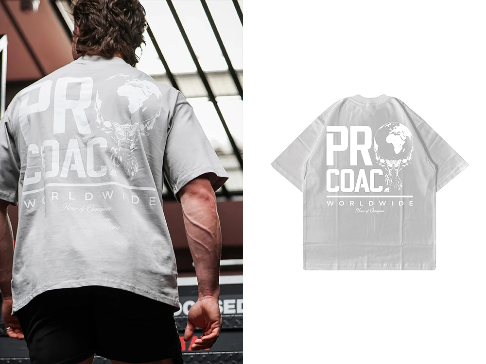 2026new Summer PROCOACH EST Men's Oversized T-Shirt, Vintage Fitness Coach Graphic, Heavy Cotton Gym Streetwear
