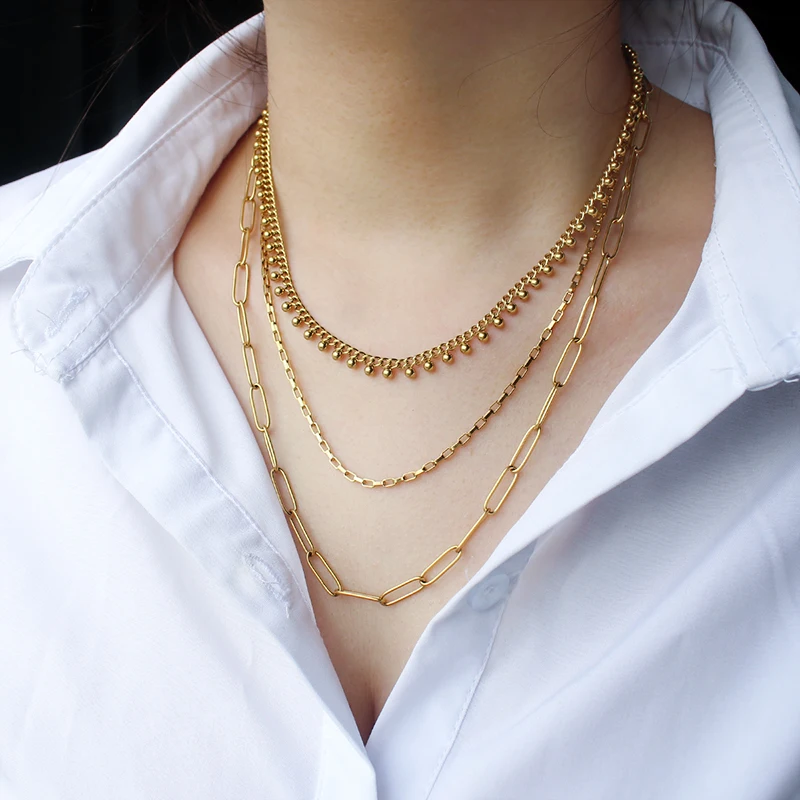 

Нержавеющая сталь, 18-каратное позолоченное трехслойное модное ожерелье с жемчугом на клипсе, простые элегантные ожерелья, ювелирные изделия, подарочный аксессуар