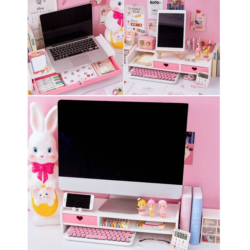 Imagem -06 - Kawaii Desktop Monitor Stand Computador de Madeira Portátil Elevado Suporte com Gavetas Organizador de Armazenamento de Mesa Rosa Bonito Suporte do Monitor