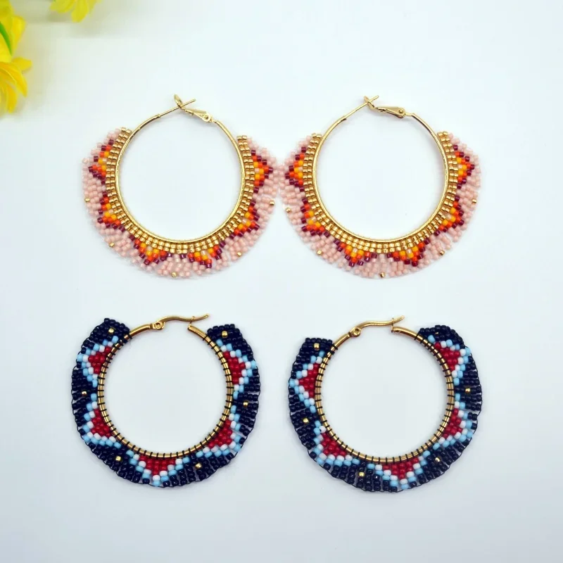 

2025 Handmade Beaded EarringsCircle Creativity Geometry Bohemia Pattern Hand Weaving Beaded Earrings for Women
