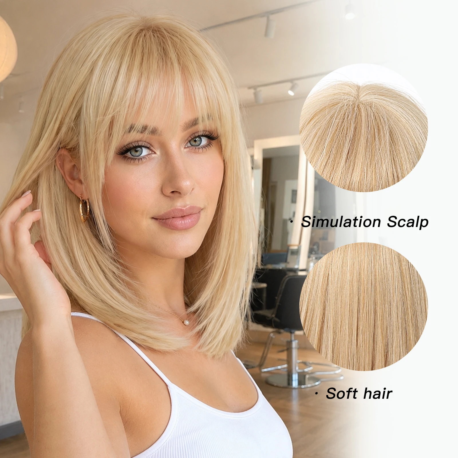 Medium Layered Blonde Wig with Bangs Y2K Fashion Style Natural Looking Synthetic Hair for Women Daily Wear Party Cosplay Costume