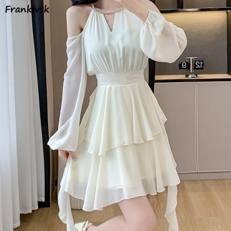 

Dresses Women Summer Off Shoulder Fashion Korean Style Breathable All-match Streetwear Chic Tender Design Schoolgirls Solid New