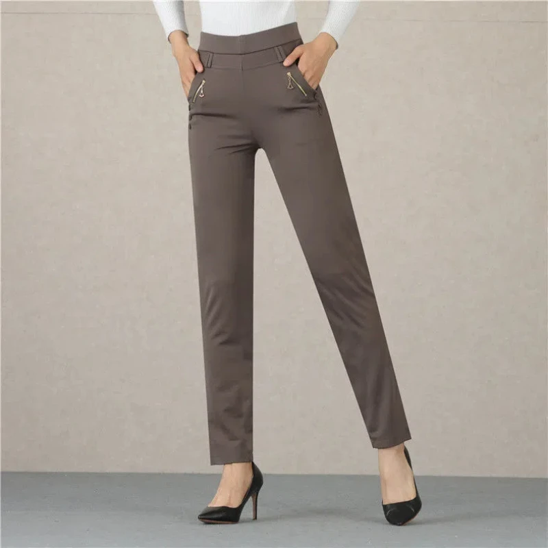 

Women's Clothing Spring Autumn Solid Color Elastic High Waisted Pockets Zipper Casual Pencil Trousers Korean Fashion Pants