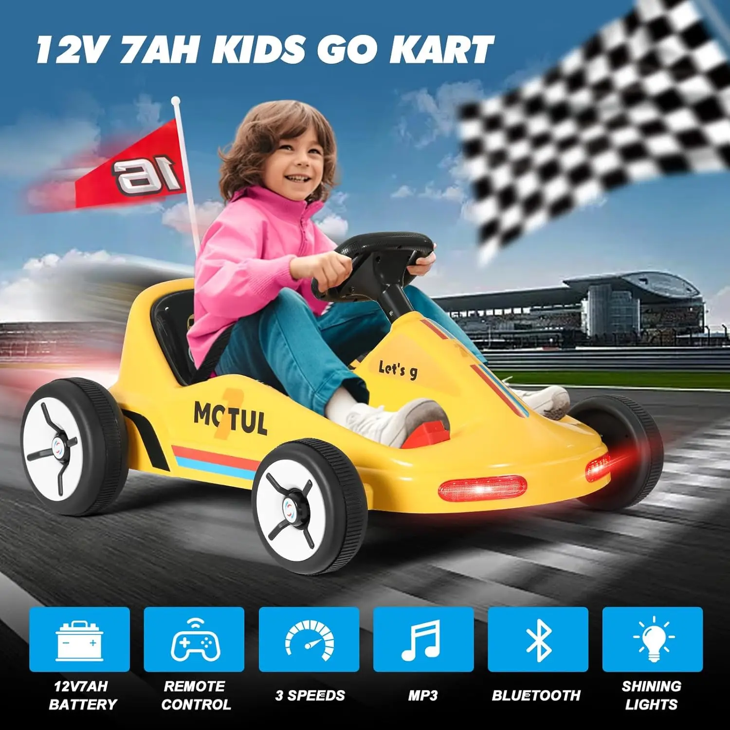 JOYLDIAS Kids Ride On Car, 12V7AH Battery Powered Electric Cars for Kids, Ride On Toy with Remote Control, Flag, Music, Lights,