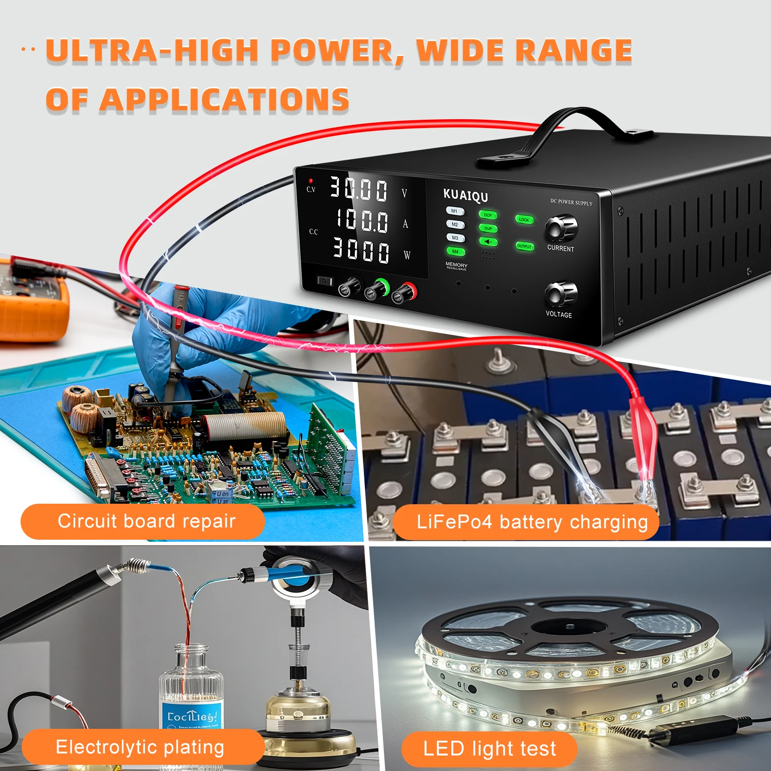 

KUAIQU R-SPS30100S 3000W DC High Power Supply 30V 100A 4-Digit Display OCP/OVP 4 Memory Groups RS232 for Industry