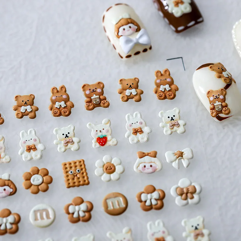 

5D Anime Cream Bear Nail Stickers Rabbit Cookie Bow and Little Girl Nail Art Decoration Decals Adhesive Tattoo on Nails Manicure