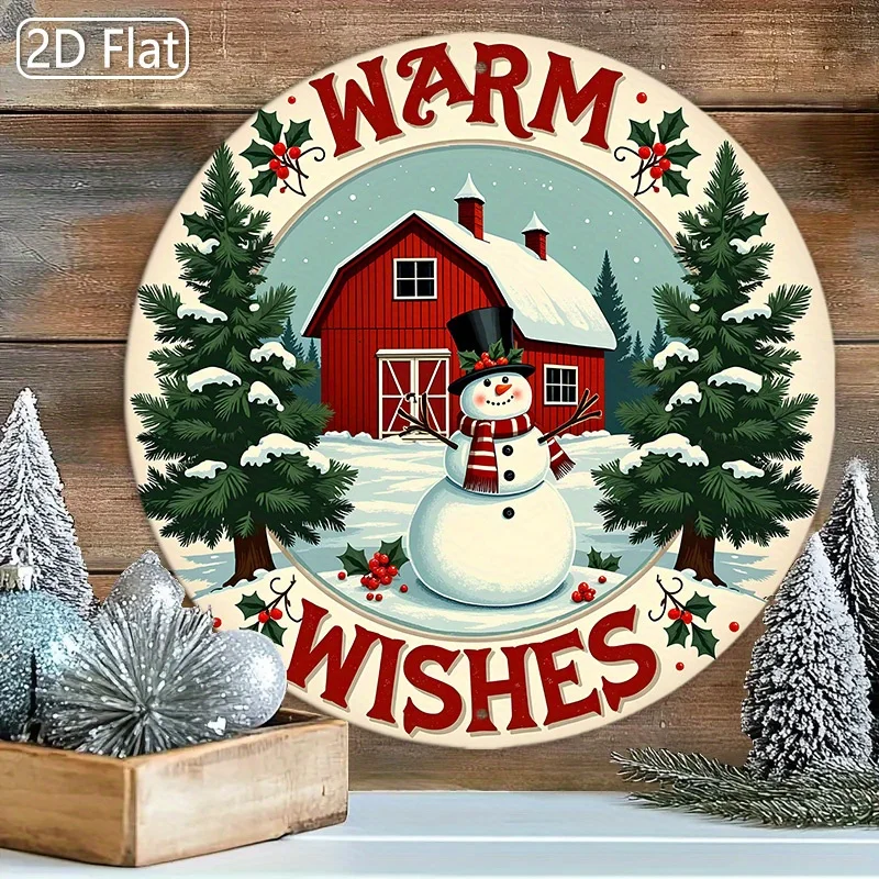 1 Stück Weihnachts-Scheune-Wanddekoration – rote Scheune und Schneemann, Winterszene – warme Wünsche, rundes Metallschild – rustikale Bauernhaus-Feiertagsdekoration