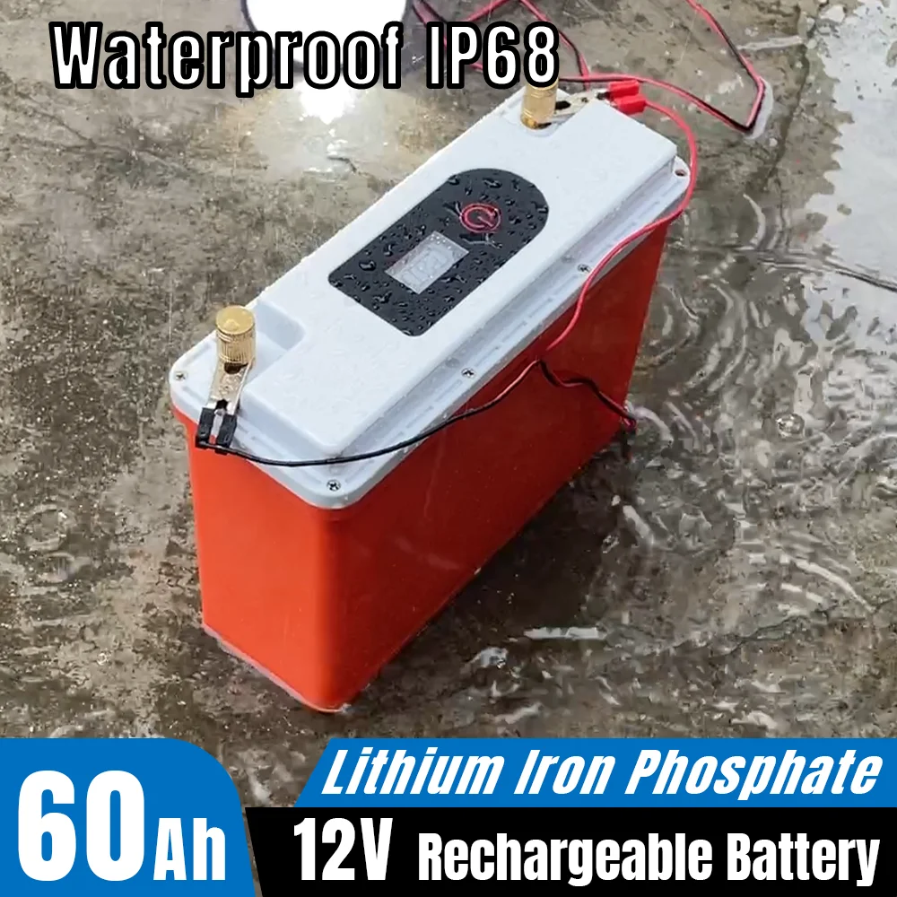 12V 50Ah 60Ah LiFePO4 Battery Pack 768Wh Waterproof IP68 Built-in BMS Power Bank for Fishing Outdoor Easy to carry +Charger