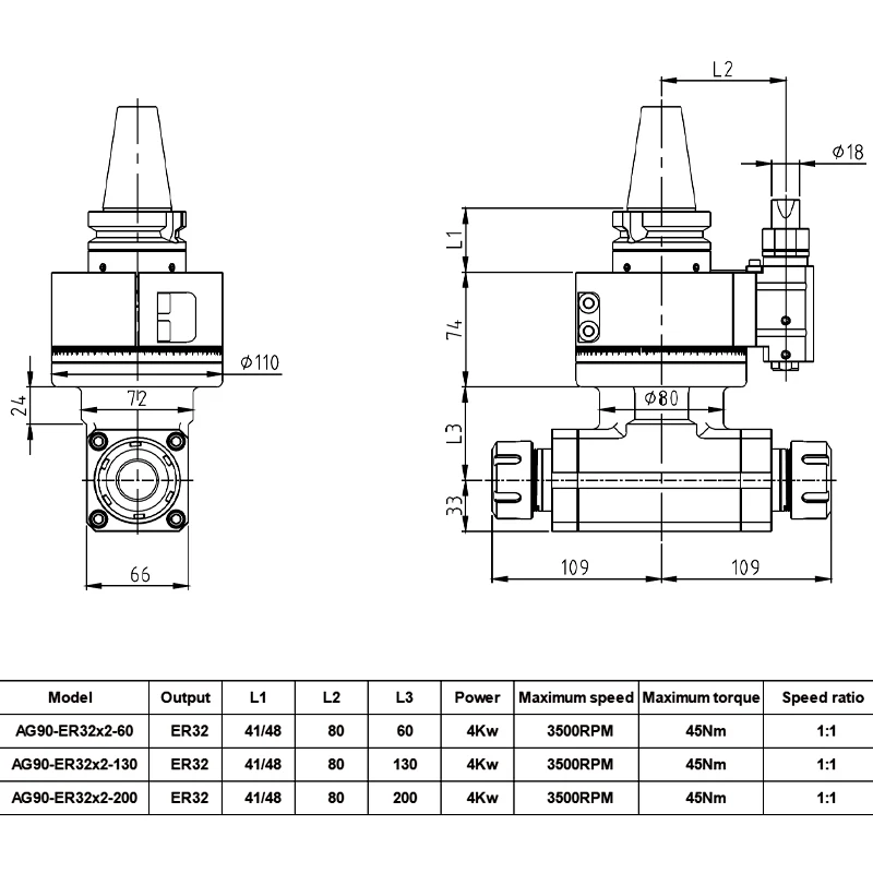 Andrea tête de fraisage à Angle droit 90 degrés Mt4 AG90-ER32 * 2 têtes d'angle pour Machines Cnc