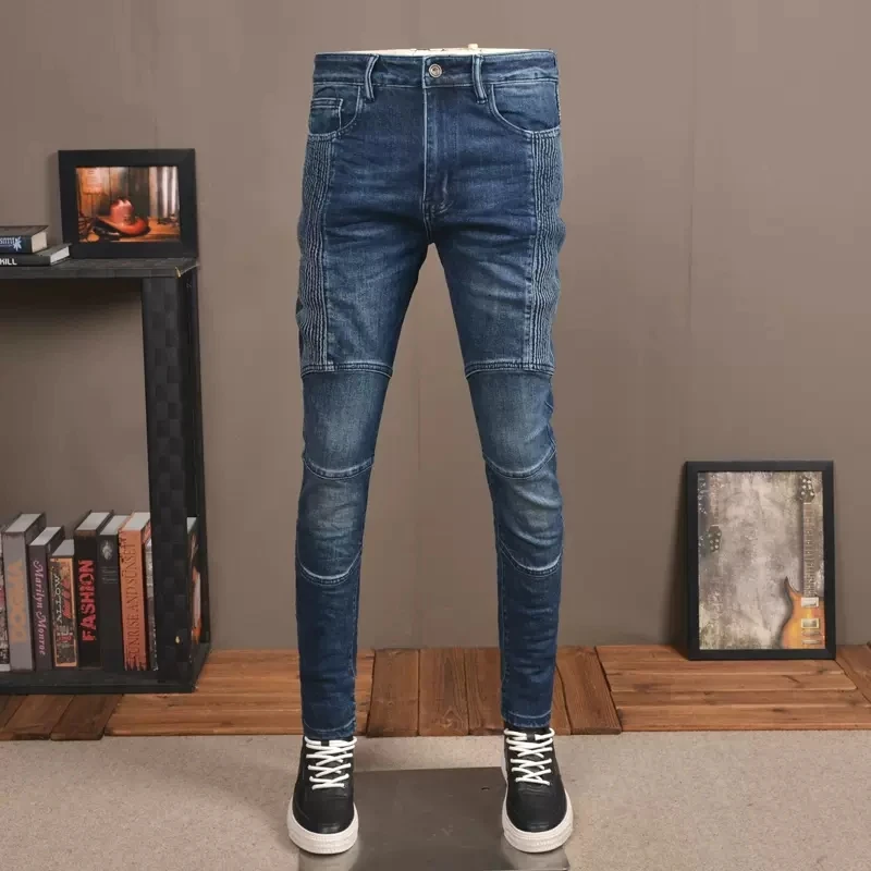 

Streetwear Fashion Men Jeans Retro Blue Stretch Slim Fit Spliced Designer Biker Jeans Homme Hip Hop Pants Men Wrinkled Trousers