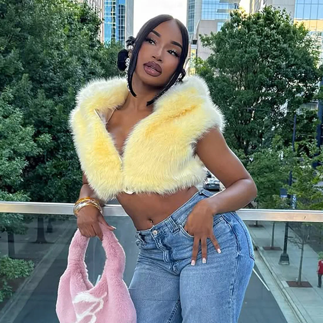 

Женское укороченное пальто без рукавов с меховым мехом, куртки с капюшоном на молнии, осень-зима 2022, новая модная уличная одежда, сексуальные клубные наряды