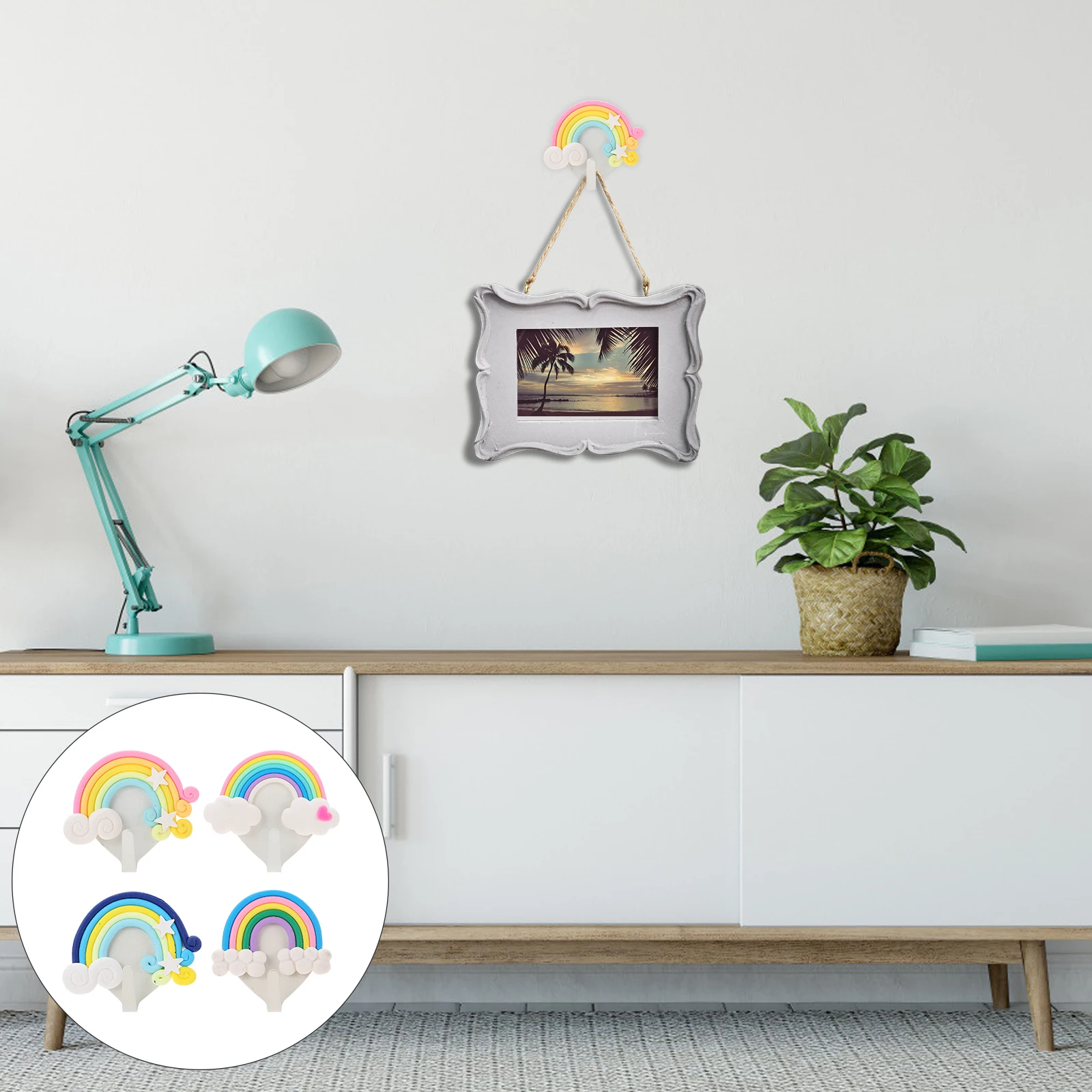 

4pcs Wall Hooks Storage Decorative Rainbow Heart Shaped Hangers for Bedroom Office Key Jacket Lovely Multi-function
