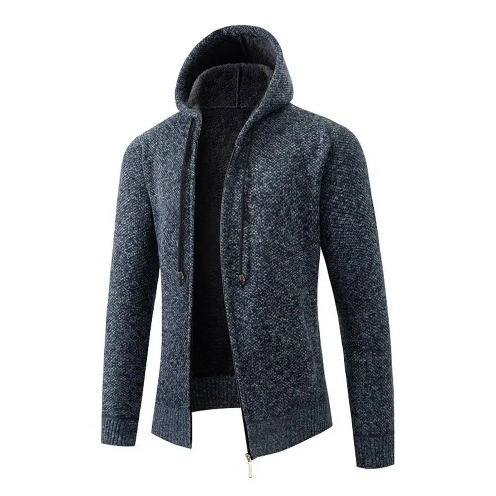 

Men Hooded Knitted Jacket Hooded Cardigan with Velvet Lining Ribbed Cuffs Zipper Closure Coat Fall Winter