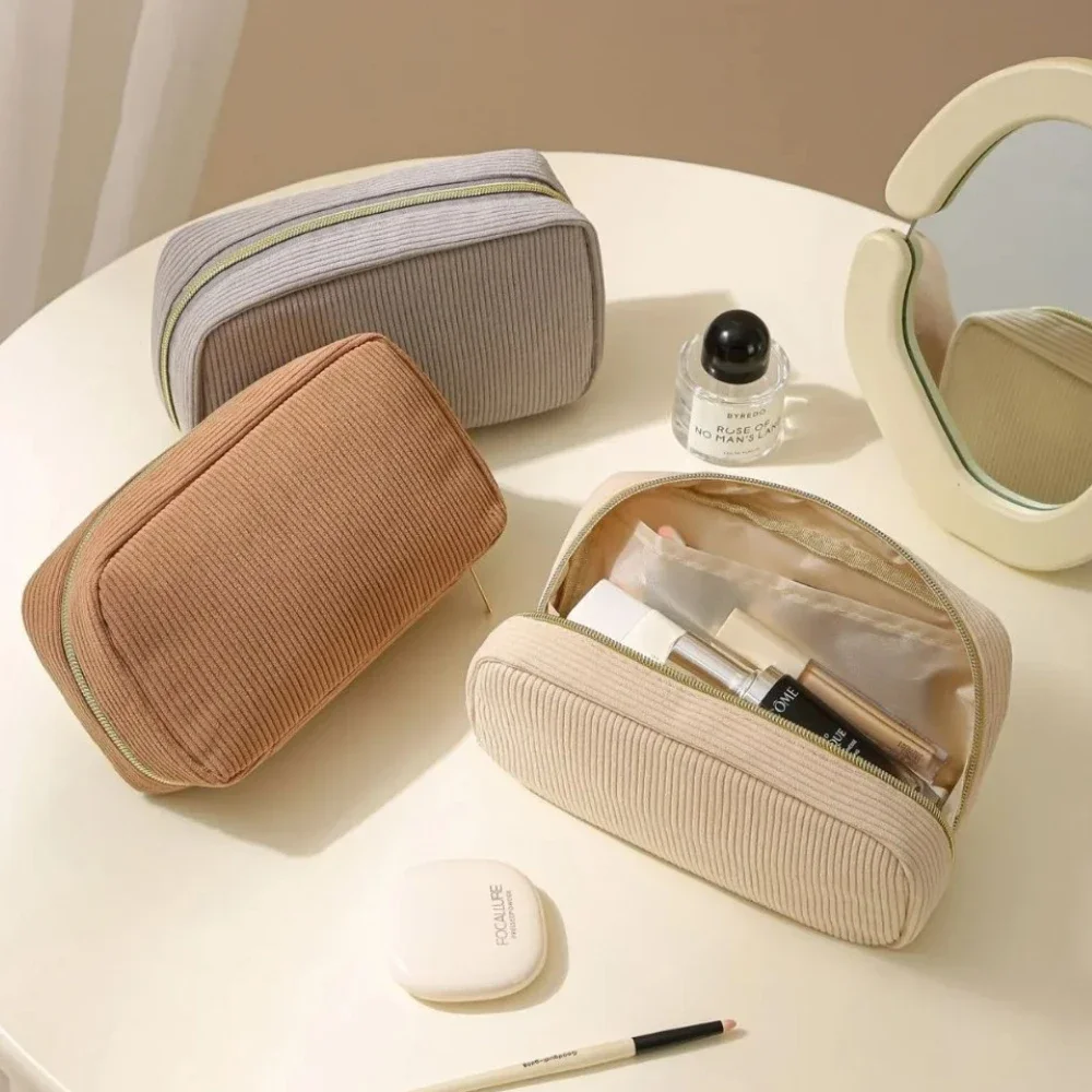 

Portable Handheld Corduroy Makeup Bag, Minimalist Soft Cosmetic Storage Pouch, Great Daily Travel Organizer for Beauty Essential