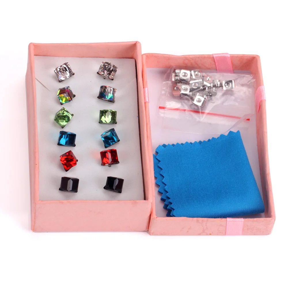 LUXUSTEEL Korean Fashion Colorful Square Cube CZ Earrings Set Stainless Steel Push Back Silver Color Stud Earring 6Pairs 4mm/6mm