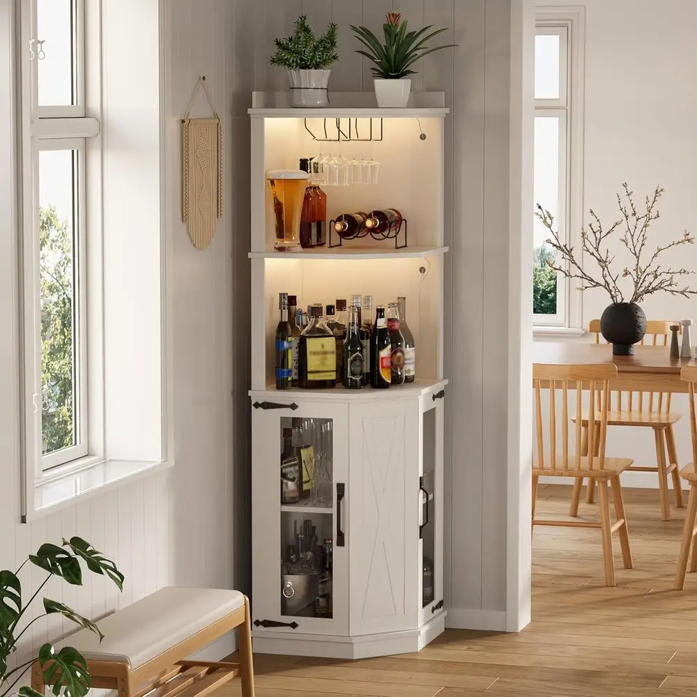

67.3 High Armhouse Wine Cabinet with Barn Door, Acrylic Mirror & Glass Rack, Suitable for Home Bar, Dining, Living Room, Kitchen