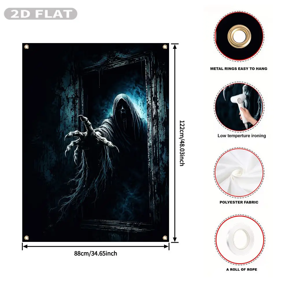 2D FLAT 1pc Party Banner, Halloween Window Cover with Ghostly Figure Reaching From Dark Doorway,122x88cm, Polyester