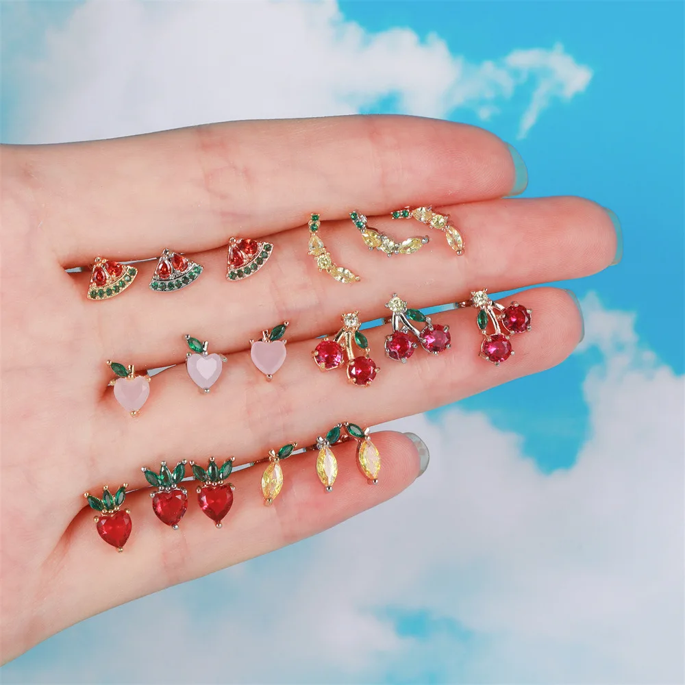 1PC Korean Gold Color Stainless Steel Zircon Ear Piercing Earrings For Women Fruits Ear Studs Cartilage Earring Unusual Jewelry