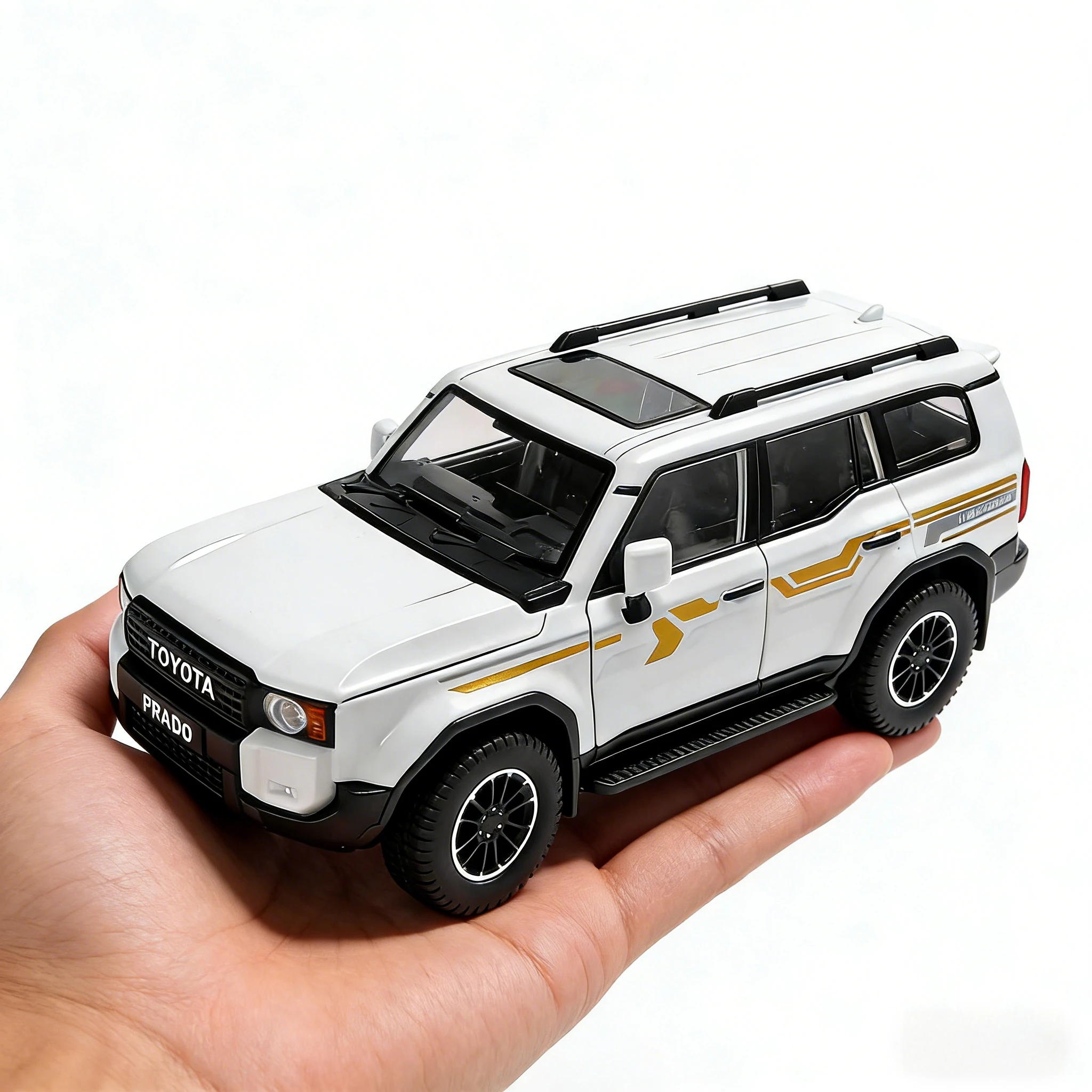 

Масштабная модель автомобиля PRADO 1:24, игрушка со звуком и светом, откатным механизмом, амортизацией, металлическим корпусом, для детей, подарок для хобби