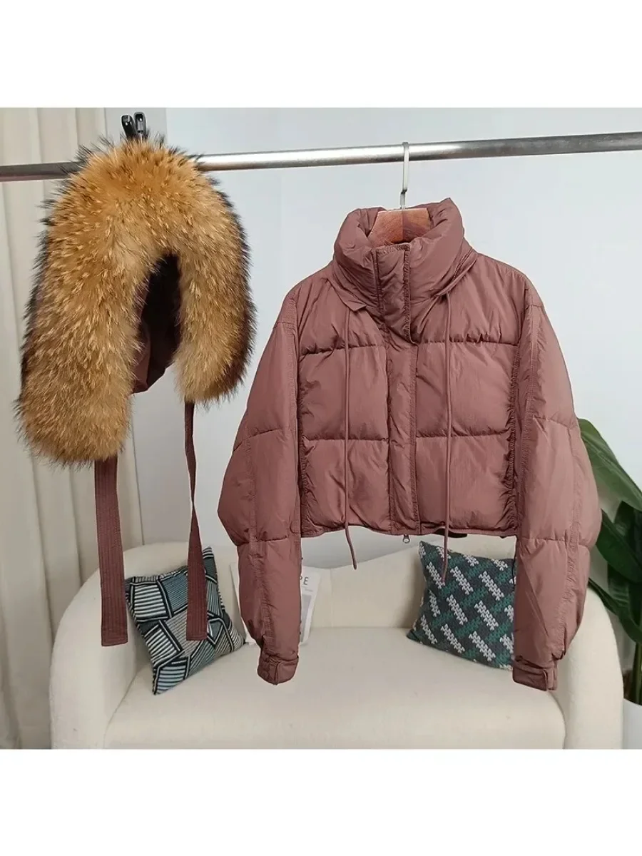 New Duck Down Loose Winter Jacket Women Real Fox Fur Raccoon Fur Collar Hooded Thick Warm Streetwear Outerwear Detachable