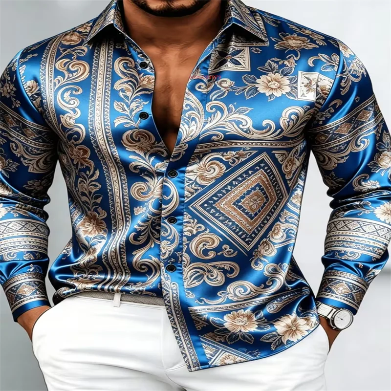 Men's Luxury Satin Long-Sleeve Dress Shirt – Green and White Wavy Stripe Print – Elegant Collared Button-Down Formal Shirt