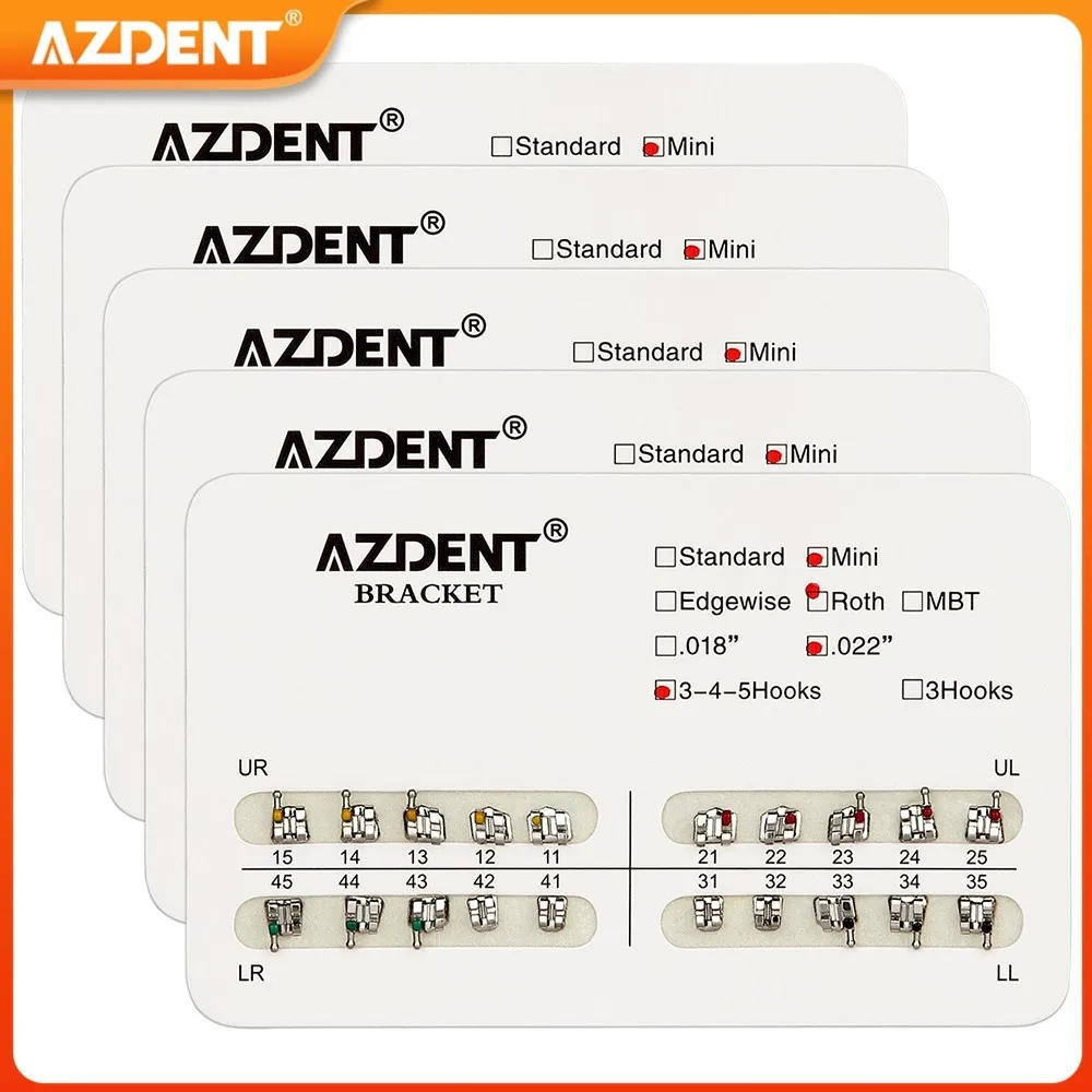 

AZDENT 5 Packs Dental Orthodontic Brackets Braces Metal Mini Standard Base Roth MBT Edgewise 0.022/0.018 Hooks 3-4-5 20pcs /Pack