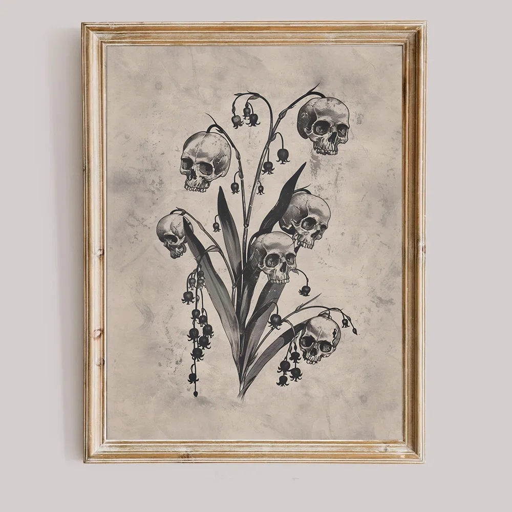 1 Stück Ungerahmtes Vintage Gotisches Totenkopf-Blumen-Leinwandposter Dunkle Akademie Hexenartige Wandkunst Retro-Gemälde Heimdekoration