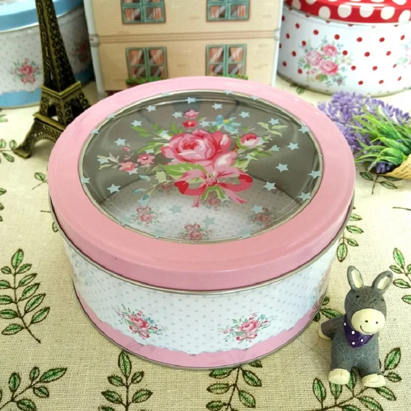 Creative Transparent Sunroof Film Tin Box Medium Floral Round Cookie Storage Gift Box Tea Candy Jewelry Seasoning Organizer Box