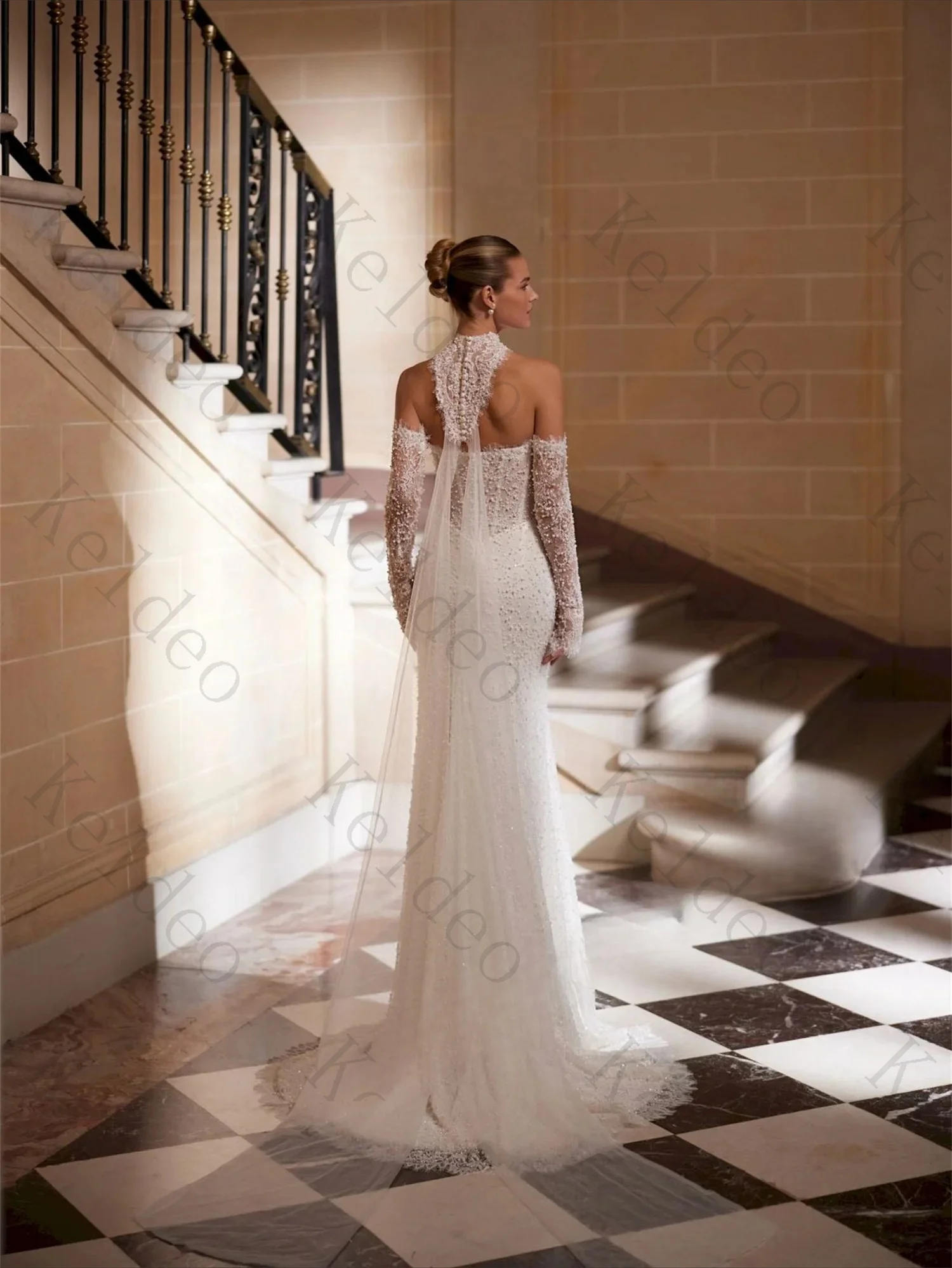 Customized Sweetheart Mermaid Long Sleeves Wedding Dresses Beaded Appliques Detachable Scarf Open Back Floor‑Length Bridal Gowns
