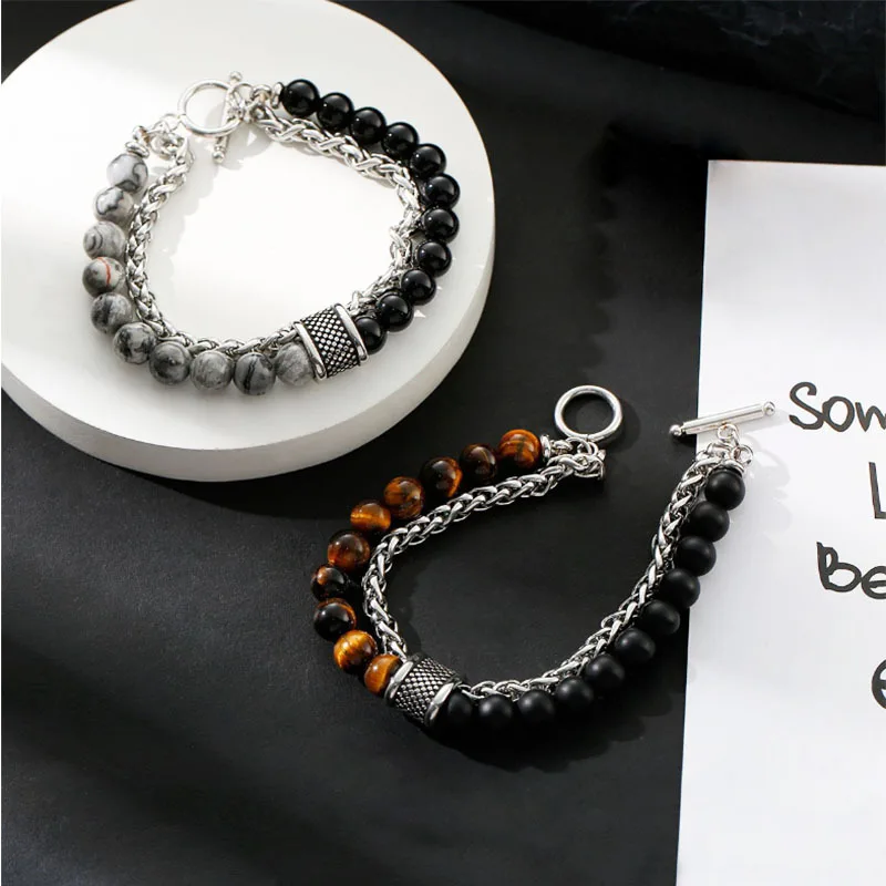 1 Piece Simple Temperament Black Beaded Chain with Natural Stone Beaded Chain Bracelets MEN\'S FASHION Items Holiday Travel Gift
