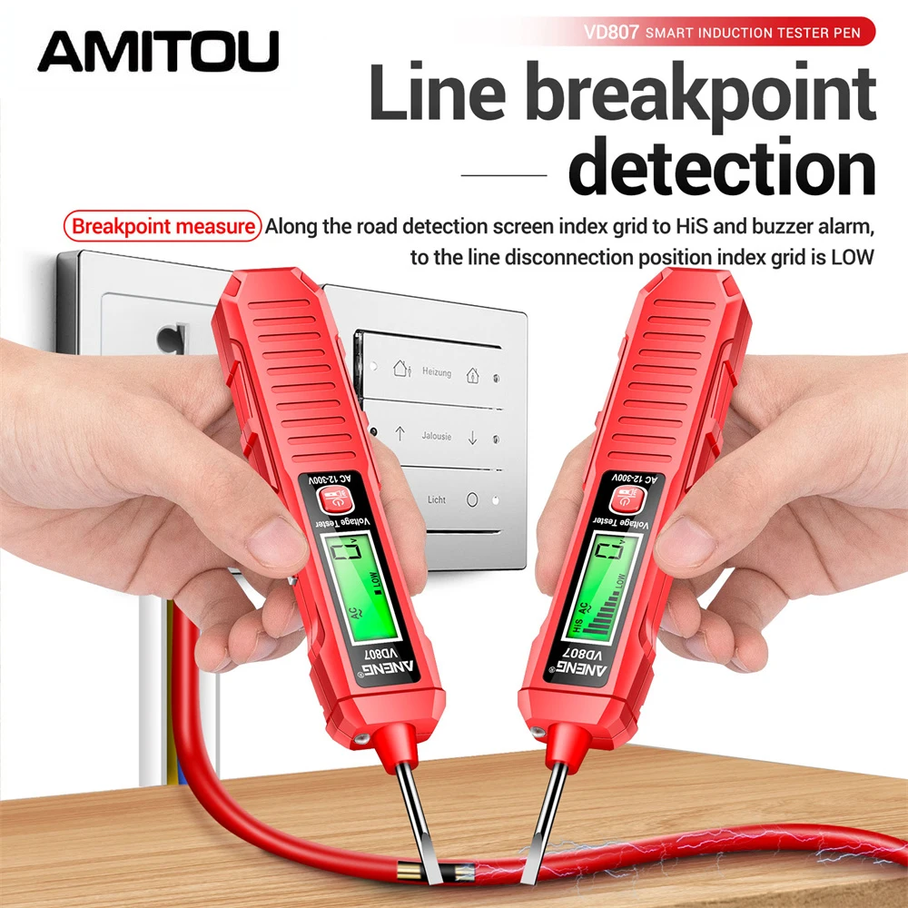 AMITOU VD807 кабельный тестер, одно слово, индукционный портативный 50/60 Гц, умный электрический тестер-ручка, датчик NCV, инструмент для обнаружения проводов переменного тока 12-300 В