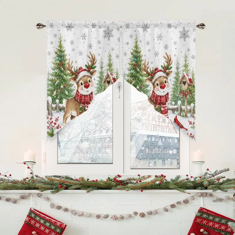 VIKAMA Christmas Reindeer Triangle Curtains, Red Nosed Reindeer Snowflake Christmas Tree Print Curtains, Farmhouse Home Decor