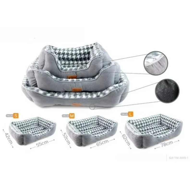 Grey dog bed three-piece set, designed with sand-colored thousand bird grid, with coral fleece rectangular nest, boxed, soft