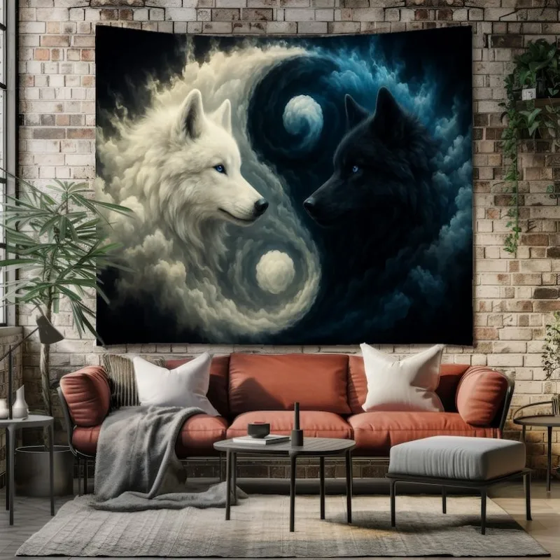 VIKAMA Yin Yang Wolves Tapestry Wall Hanging Black White Wolf Head Cloud Spiritual Aesthetic Wall Art Bedroom Living Room Decor
