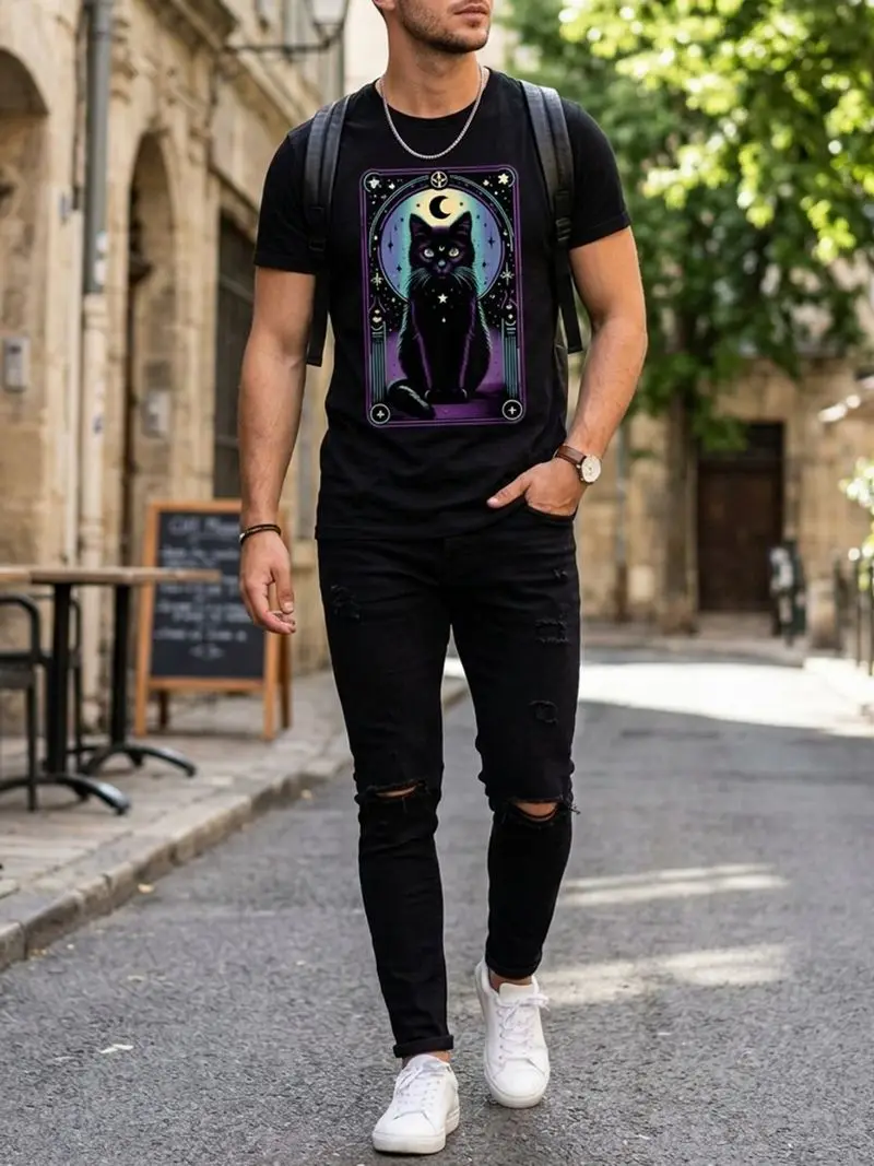 Card Crescent Moon Black Cat Lover Cat Vintage T-Shirt For Men & Women, S-Xxxl, Breathable Soft Fabric, Geometric Print, Unisex