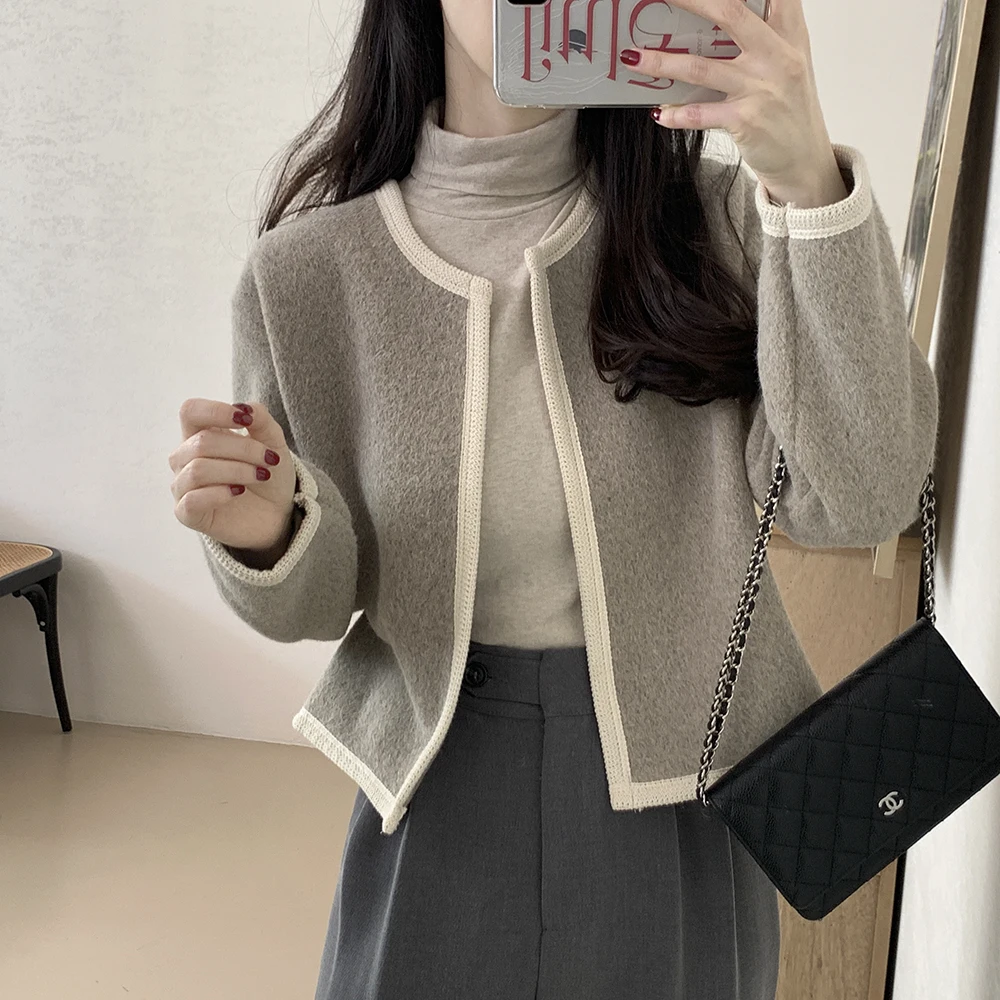 Clothland Women Chic Open Stitch Woolen Jacket Long Sleeve Casual Outwear Fashion Female Coats Mujer CB119