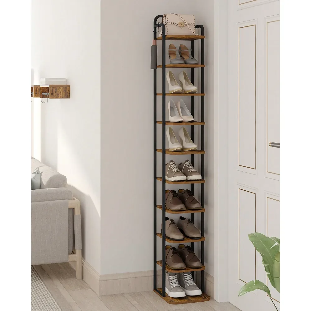 

10 Tiers Vertical Shoe Rack, Narrow Shoe Tower, Tall Shoes Shelf With 2 Hooks, Adjustable Shelves, Corner Shoes Shelves For Smal