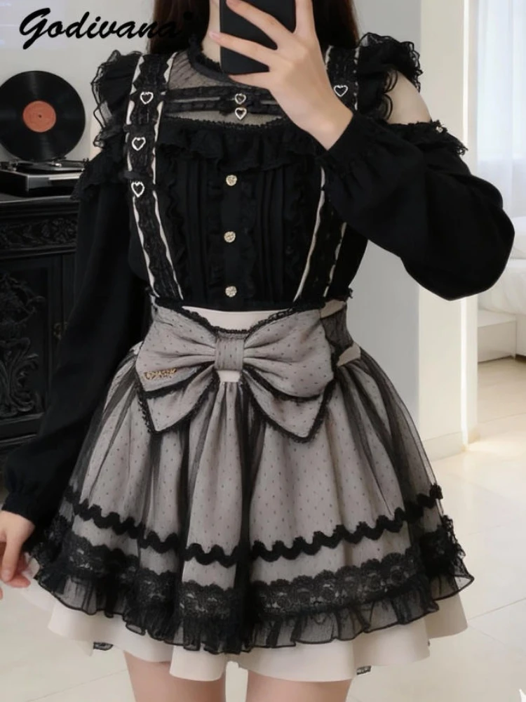 

Japanese Liz Maid Style Tulle Suspender Skirt Sweet Girls Female Big Bow Lace-trimmed Overall Dress Lolita Short Straps Skirt