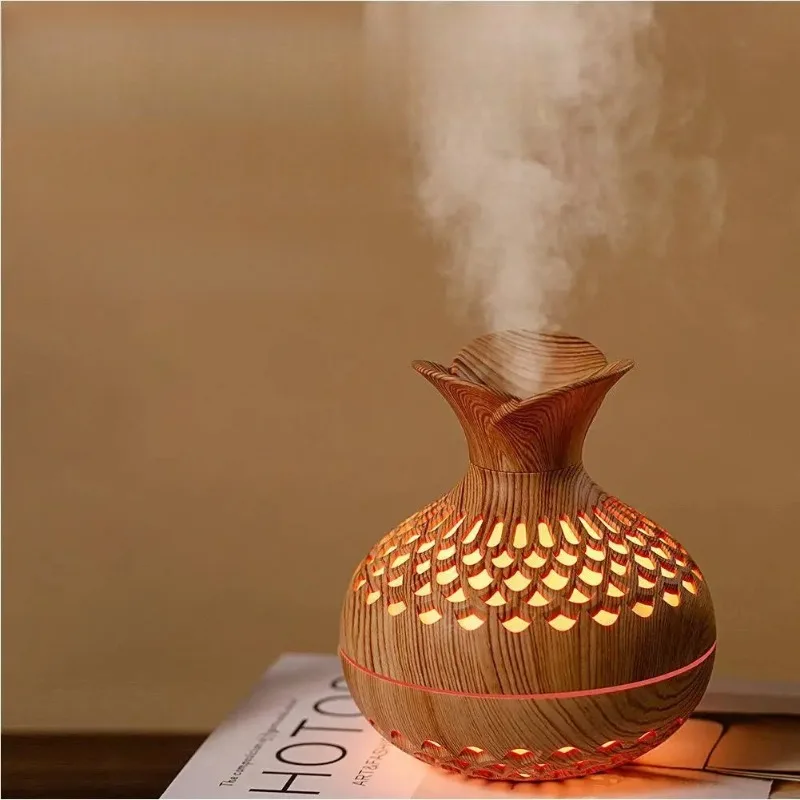 Chinese Wood Grain Humidifier & Aroma Essential Oil Diffuser-3-in-1 Mist Sprayer with Night Light for Bedroom Spa and Home Decor