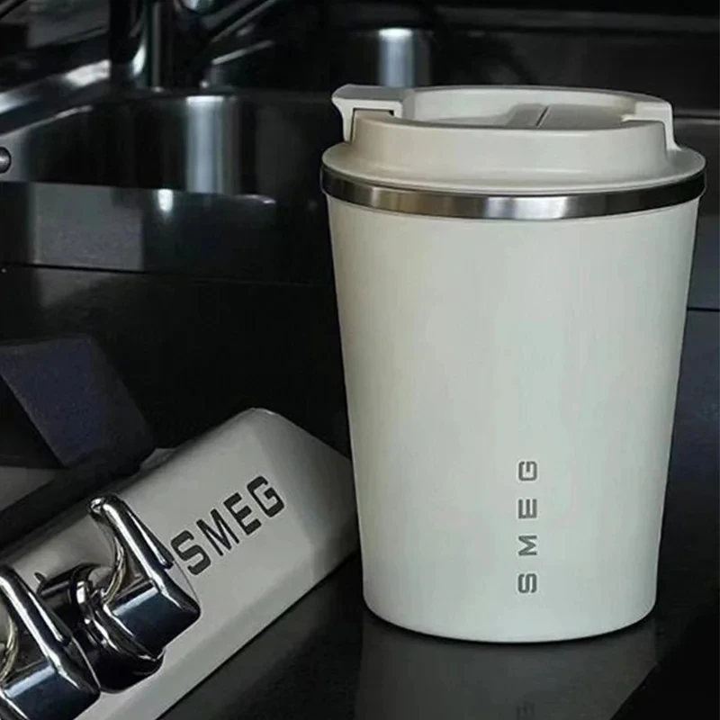 Original 350ml SMEG coffee cup with stainless steel body and ceramic inner liner. Portable Insulated Cup