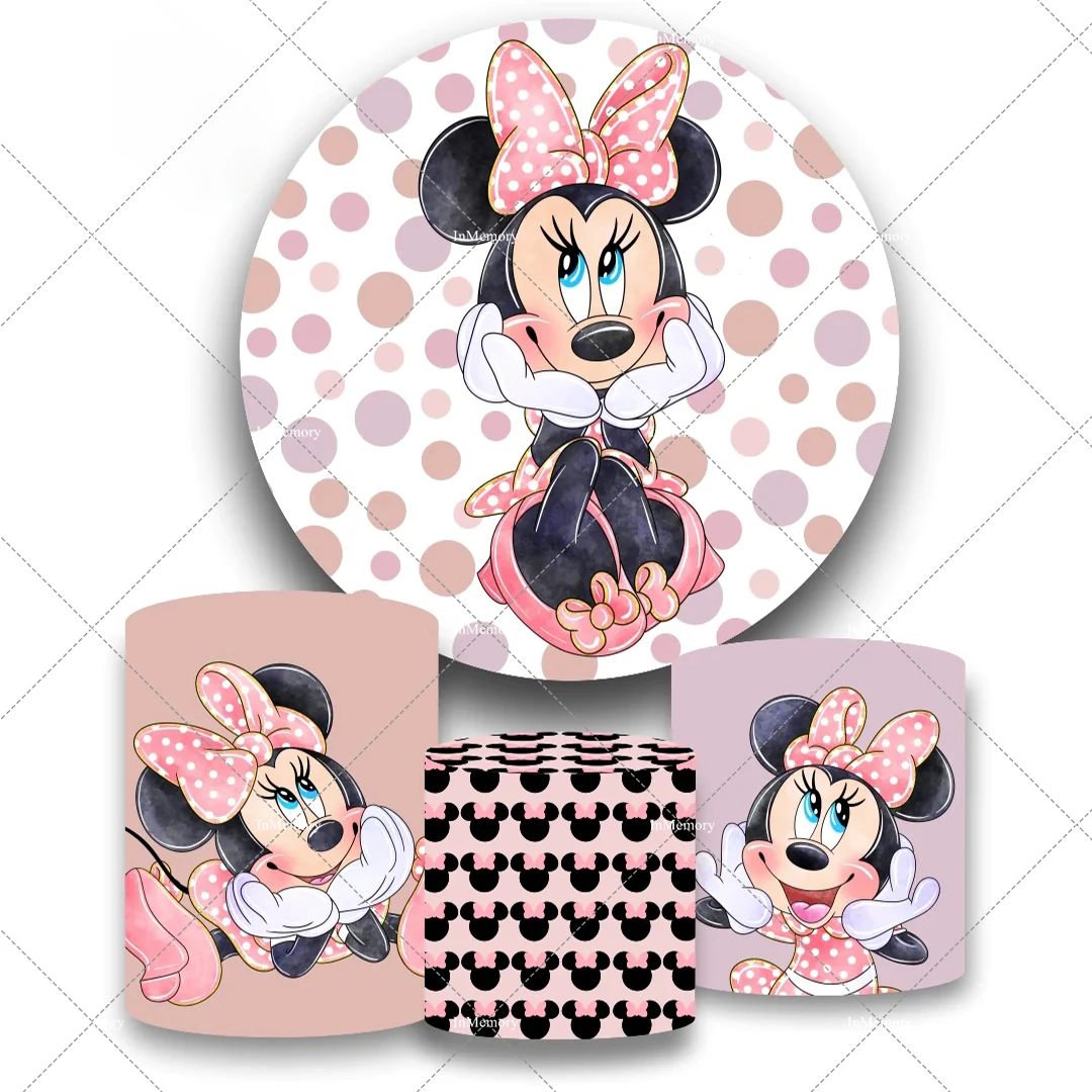 Circle Photography Background Customize Cartoon Pink Dots Minnie Mouse Baby Shower Round Backdrop Cover Watercolor Pastel Banner