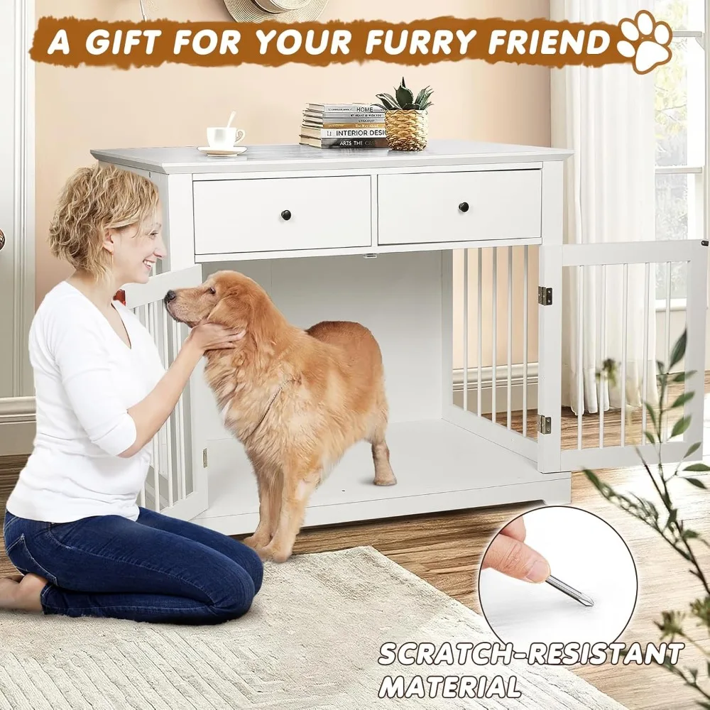 أثاث على شكل صندوق للكلاب مقاس 44 بوصة مع أدراج، أثاث بيت الكلب الخشبي للسلالات الكبيرة، طاولة خشبية بيضاء للكلاب - جديد #3