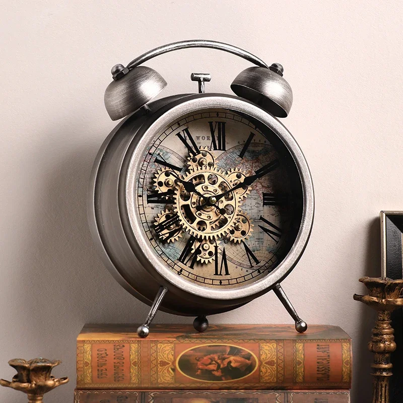 American-style vintage gear-driven large table clock antique decorative alarm clock home office living room Desk Decoration