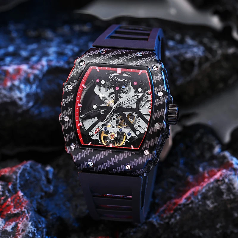 Watch Men Skeleton Automatic Mechanical Watch Tourbillon Skeleton Vintage Watch Tonneau Dial Mens Watches Top Brand Luxury