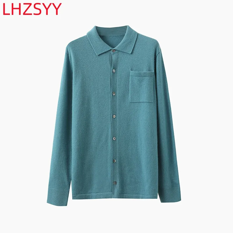 

LHZSYY Men's 100%Pure Cashmere Cardigan Leisure POLO Collar Jacket Autumn 2023 New High-End Long-Sleeved Coat Loose Warm Sweater