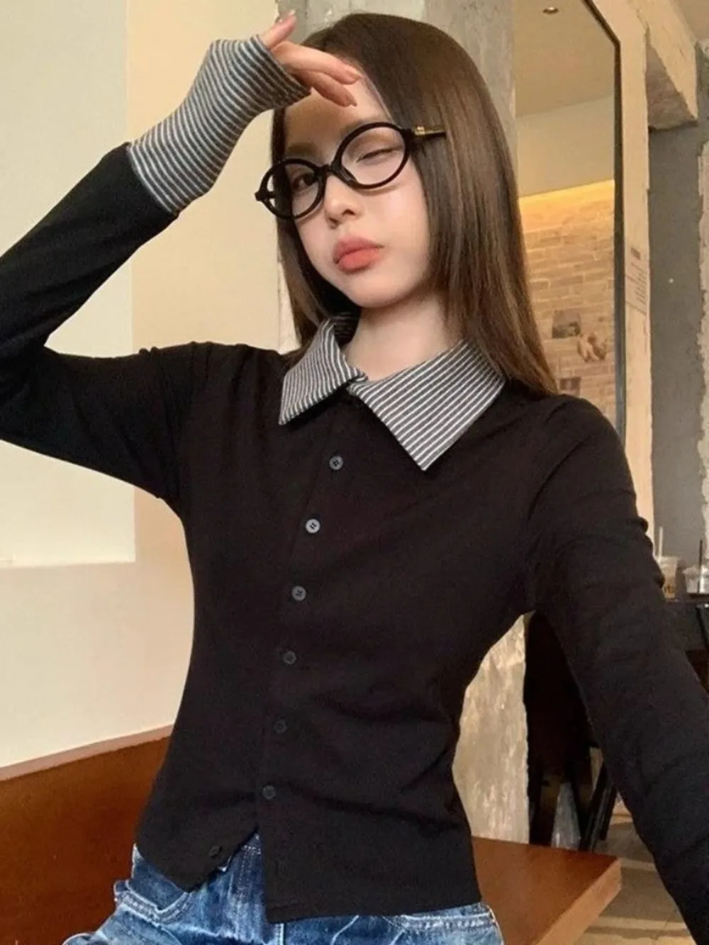 Autumn Long Sleeve Women's T-shirts Striped Patchwork Ropa mujer Lapel Neck Roupas Feminina Women T Shirts Casual Clothes