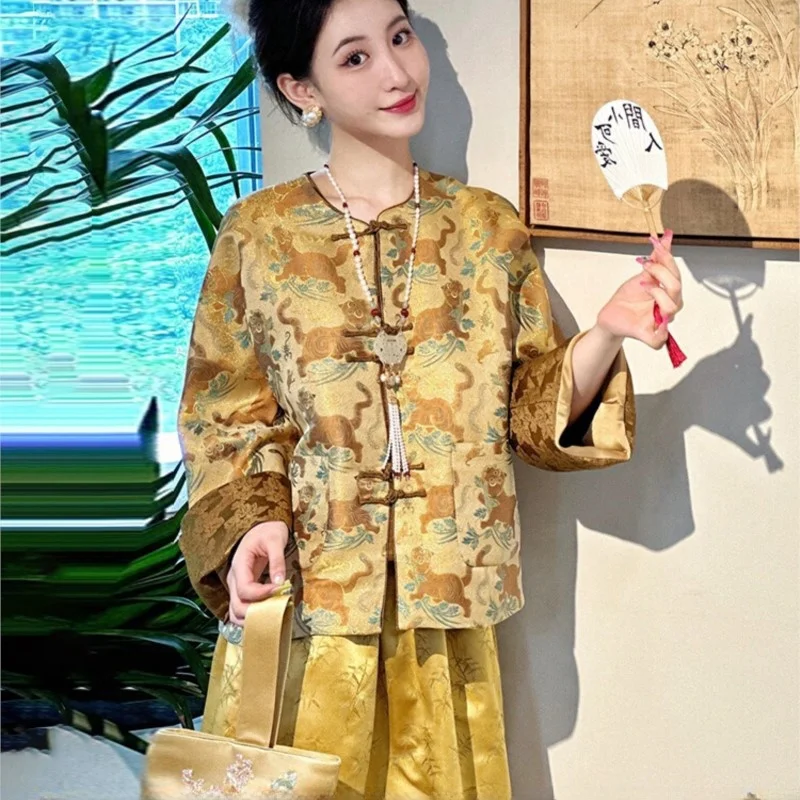 New Chinese Women's Clothing Style Knot Button Top Coat Skirt Suit