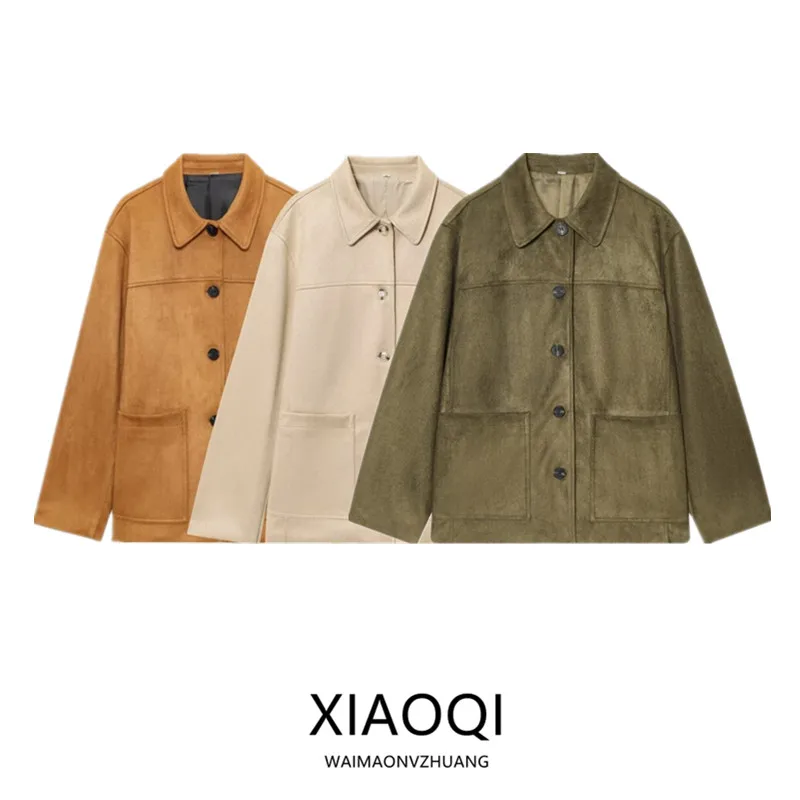 Neue 2025, Herbst-Pendler-Sle-Damen-Faion-Oberbekleidung, langer Sve-Kragen, Stehkragen, vielseitiger Mantel aus Wildlederimitat