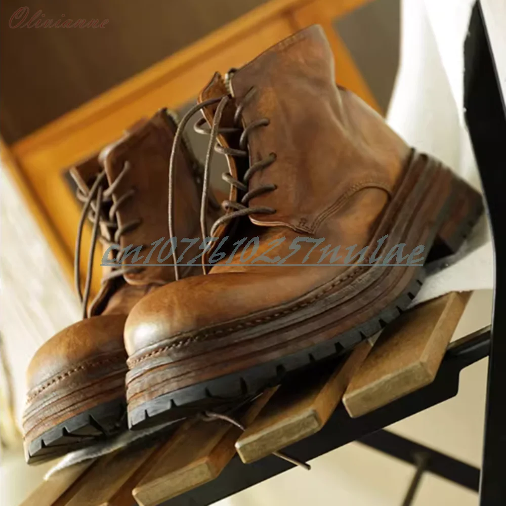 

American Style Round-toe Retro Work Boots Genuine Leather Sole Height-increasing Men's Boots Lace-up New Autumn Zapatillas Mujer