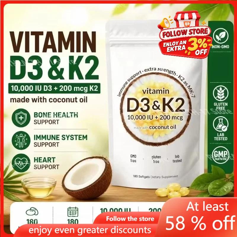 Vitamin D3 K2 Softgels with MK-7 and Coconut Oil 10,000 IU + 200 Mcg Adult Bone and Immune Wellness Support 180 Mini Softgels